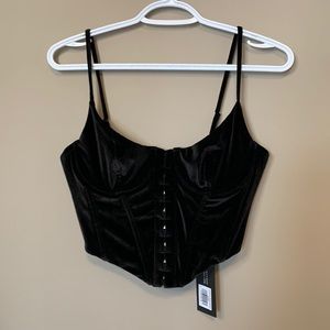 NWOT White Fox corset top. Black velvet. Front eyelet closures and zip in back